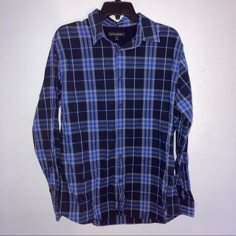 Banana Republic Button Down Plaid Cotton Long Sleeve Men’s Shirt L Blue
